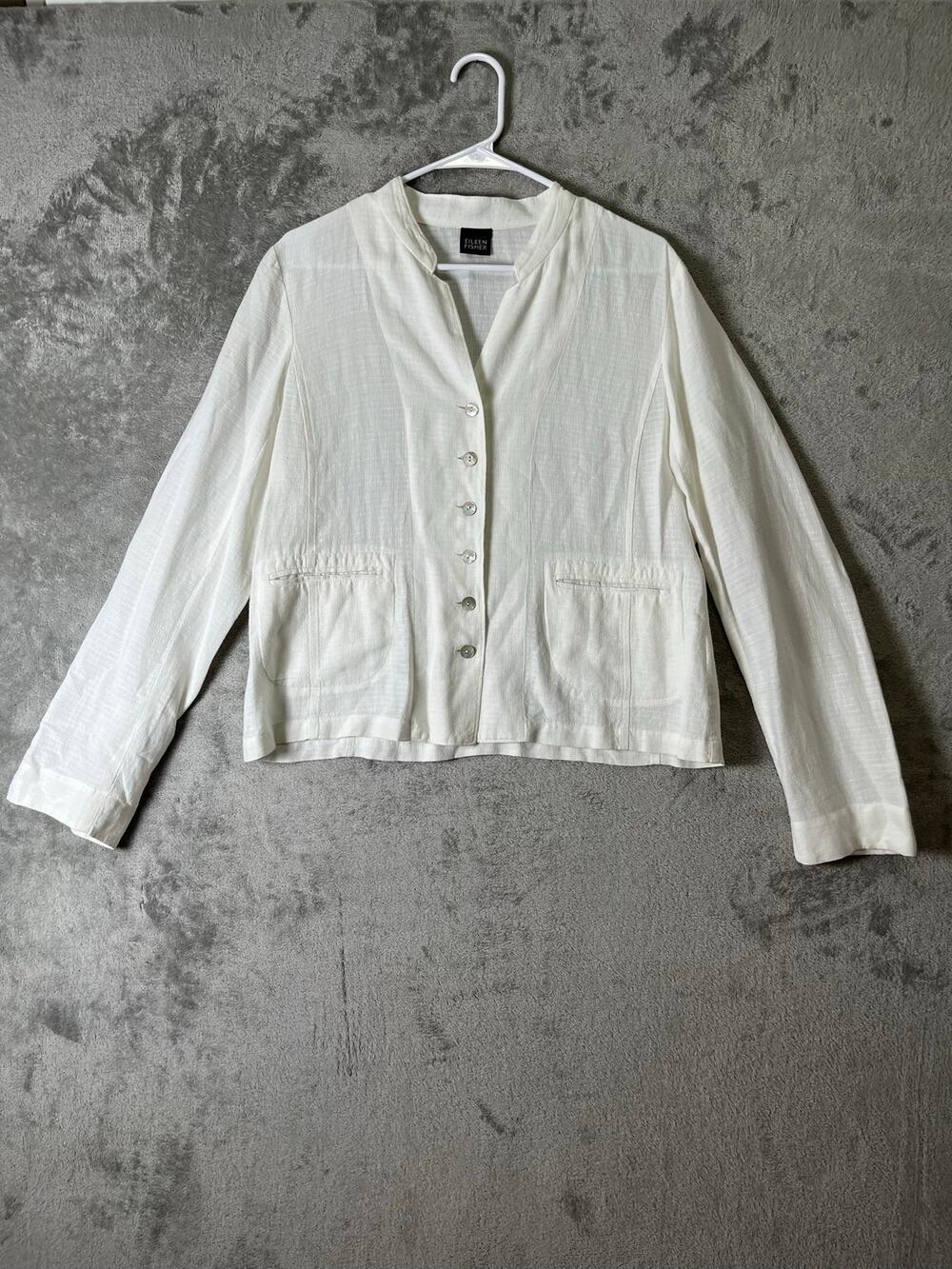 Eileen Fisher Linen Blend White Button Front Light Jacket Cardigan Minimalist S
